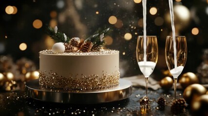 Elegant holiday celebration with champagne and cake, ready for a festive toast. - Powered by Adobe