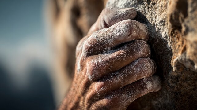 Closeup climber hands rock climbing