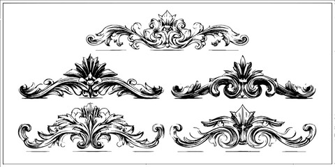 Fototapeta premium Decorative art deco engraving set with ornamental flourishes for design projects