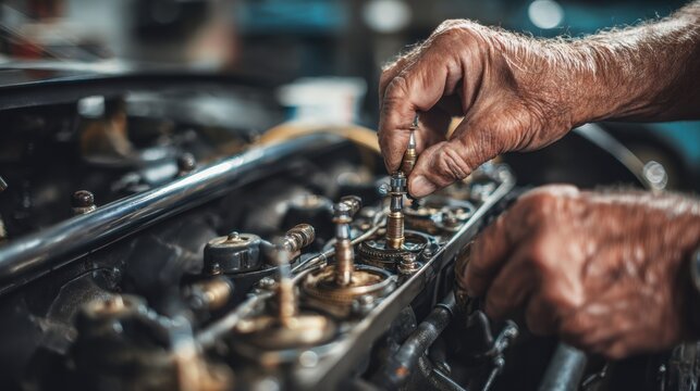 Detailed view of a mechanic adjusting spark plugs inside a vintage car engine bay with the outoffocus workshop providing an authentic restoration atmosphere.