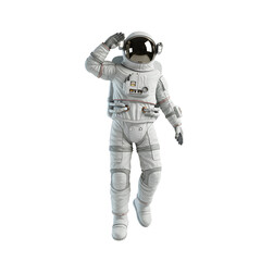 Astronaut in white spacesuit with golden visor saluting in zero gravity.