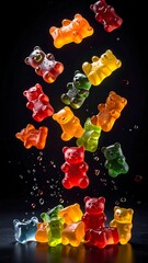 Colorful gummy bears in mid-air against a black background