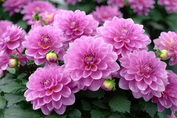 Close-up of a cluster of vibrant pink dahlia blossoms.