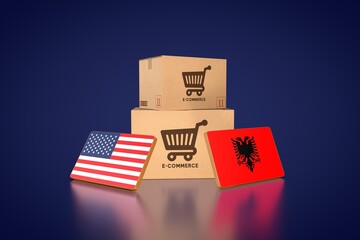 E-commerce and International Trade: A symbolic representation of global commerce, depicting cardboard boxes, shopping cart icons.