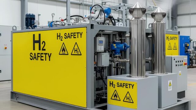 Close medium view of a compact hydrogen electrolyzer skid focusing on bright H2 safety placards and exhaust vent stacks essential for controlled hydrogen management.
