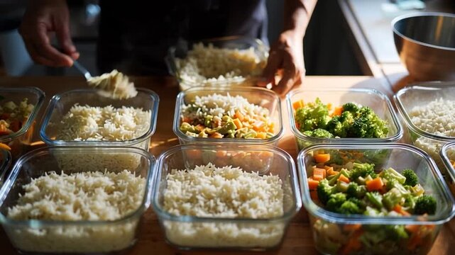 Meal Prepping with Rice and Vegetables in Containers