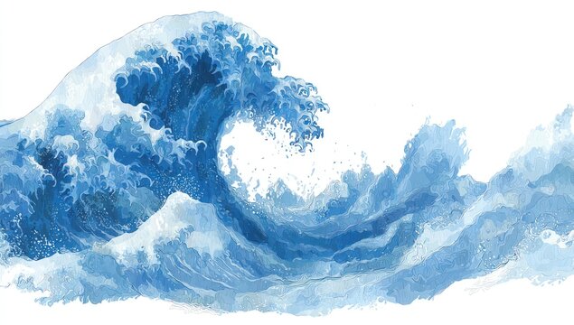 A dynamic, textured depiction of a powerful ocean wave, rendered in shades of blue and white, showcasing the forceful impact of the water's movement.