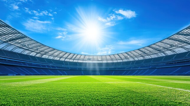 Empty soccer stadium with green grass field under sunlight