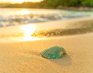 Beautiful seashell resting on sandy beach at sunset