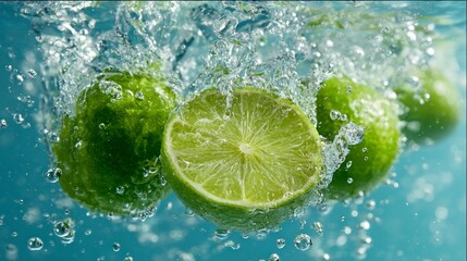 Fresh limes in water splash