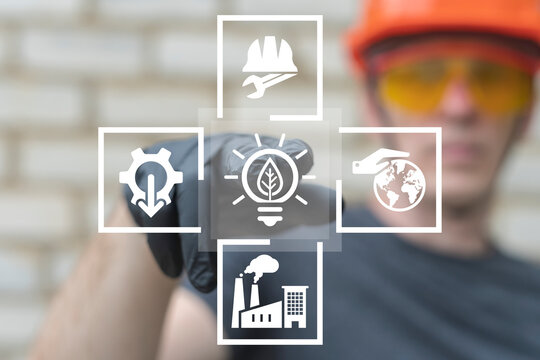 Green Eco Energy Saving Sustainable Industry Concept. Engineer using virtual touch screen push the icon of lightbulb with leaf symbolizing: green energy generation. Ecology Power Industrial Tech. - Powered by Adobe