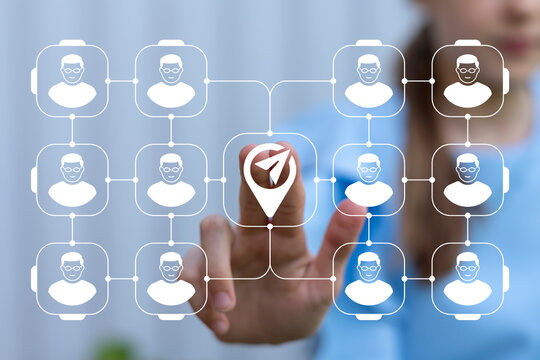 Teenager using virtual touch screen push icon of location pointer with paper airplane. Messaging communication concept. Mailing, chatting, web social media connection technology. Send eMail.