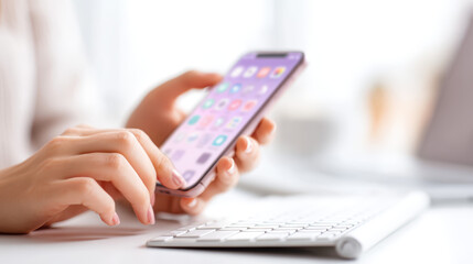 A person using a smartphone with a variety of apps visible on the screen, sitting next to a computer keyboard in a bright, modern workspace.