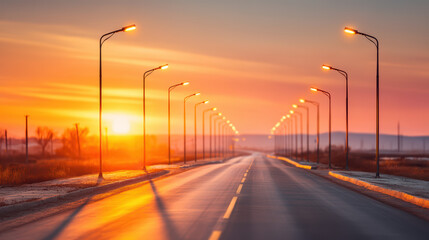 A serene sunset illuminates a quiet road lined with streetlights, casting warm hues and reflecting light on the asphalt, creating a tranquil atmosphere.
