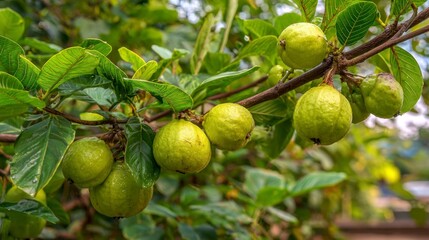 Green guava fruits on branch
