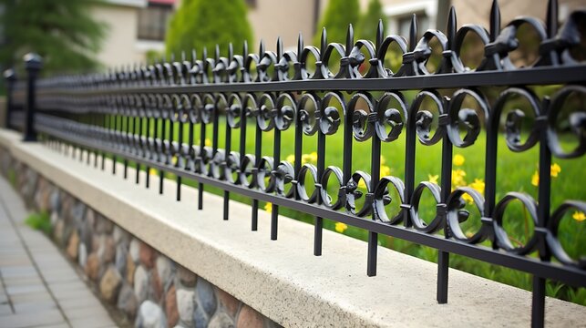 Elegant wrought iron fence with decorative details surrounding a residential garden space