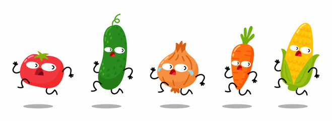 Funny cartoon vegetables characters with surprised faces. Cute tomato, cucumber, onion, carrot, and corn vector illustration.