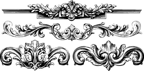 Ornate roman eagles and decorative reliefs in engraving style for design