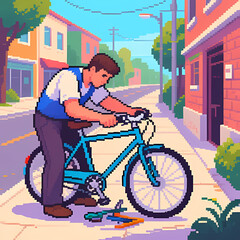 Obraz premium Pixel Art of A man repairing a bicycle outdoors on a quiet street.