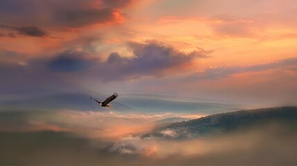 Obraz premium Eagle soaring above misty landscape