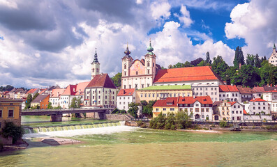 City of Steyr with the confluence of the Enns and Steyr rivers in Upper Austria, Austria