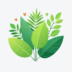 Green Leaf Bouquet With Orange Hearts On White Background