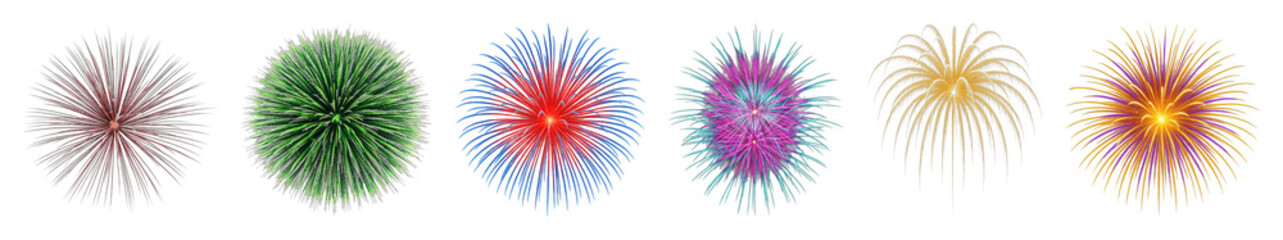 Obraz premium Fireworks set including various colorful bursts and explosive patterns isolated. Festive celebration and holiday collection.