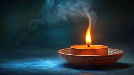 A single candle, warm orange flame, smoky incense, dark moody background
