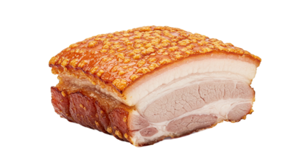 Crispy Pork Belly Golden Brown Roasted Meat Close Up on Brown Background