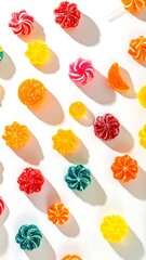 Colorful hard candies arranged on a white surface