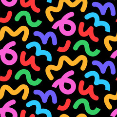 Colorful memphis seamless vector pattern with abstract geometric shapes on black background