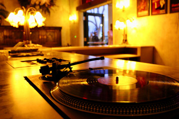 vinyl record player in a hotel lobby