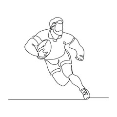 Continuous line drawing of sporty man rugby football athlete. Sport competition editable stroke vector illustration