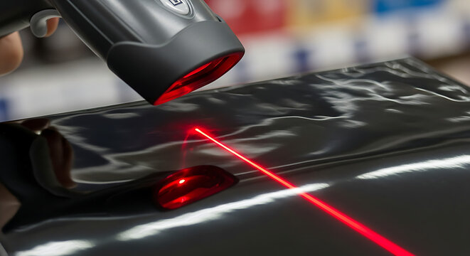 Hand scanning a dark product package with a red laser beam in a retail environment promoting digital transactions and efficient checkout