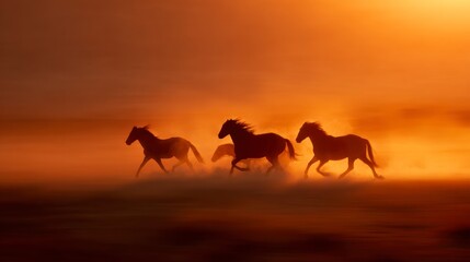 Horses running sunset silhouette