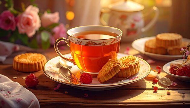 Tea and mooncakes on a table