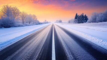 Obraz premium Winter road at sunrise