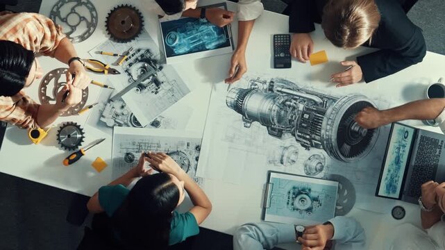 Top down aerial view of smart engineer team working together to design turbine engine. Professional technician discussing about jet engine construction while pointing at part of engine. Alimentation.