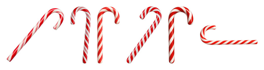Obraz premium Red and white striped candy canes set including various upright, angled, and horizontal positions isolated. Christmas holiday season and sweet treats.