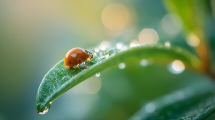 Ladybug on leaf dewdrops
