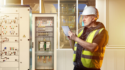 Engineer in a safety vest and helmet inspects an industrial electrical control panel using a...
