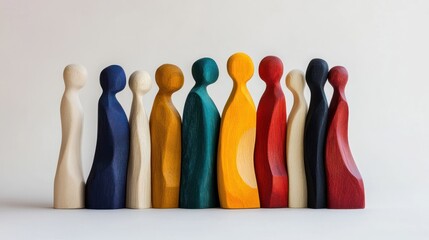 Diverse Wooden Figures Standing Together in Unity