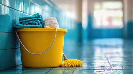 Yellow Bucket with Cleaning Supplies in Hallway