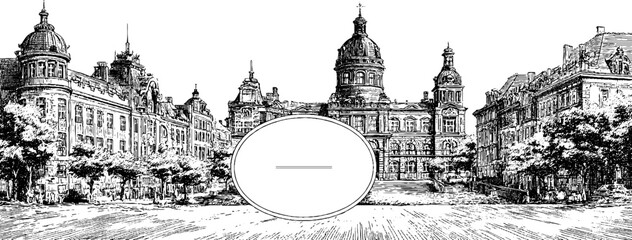 Fototapeta premium Vintage city skyline with ornate frame for retro designs