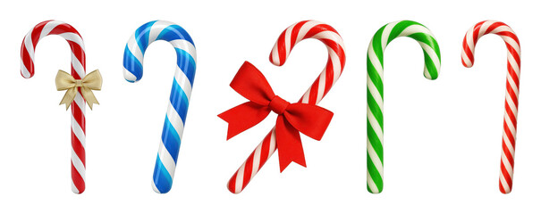 Candy cane set including red, green, blue, and bowed striped variations isolated. Festive holiday sweets collection.