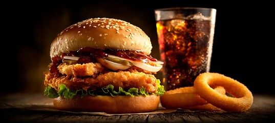 Delicious crispy chicken burger with onion rings and soda for fast food restaurant menu item photography