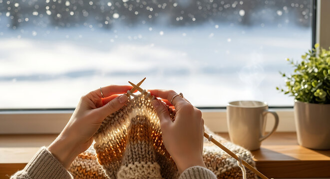 Close up of hands knitting a warm sweater with yarn and needles near a window with falling snow and a mug of hot drink
