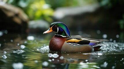 Vibrant Wood Duck Swimming in Rippling Water