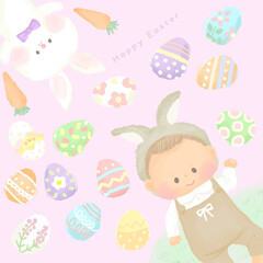 かわいいイースターエッグとうさぎとあかちゃんのイラスト