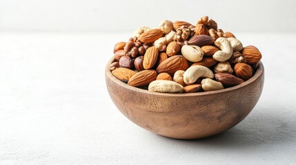 Assorted Nuts in Wooden Bowl on White Background